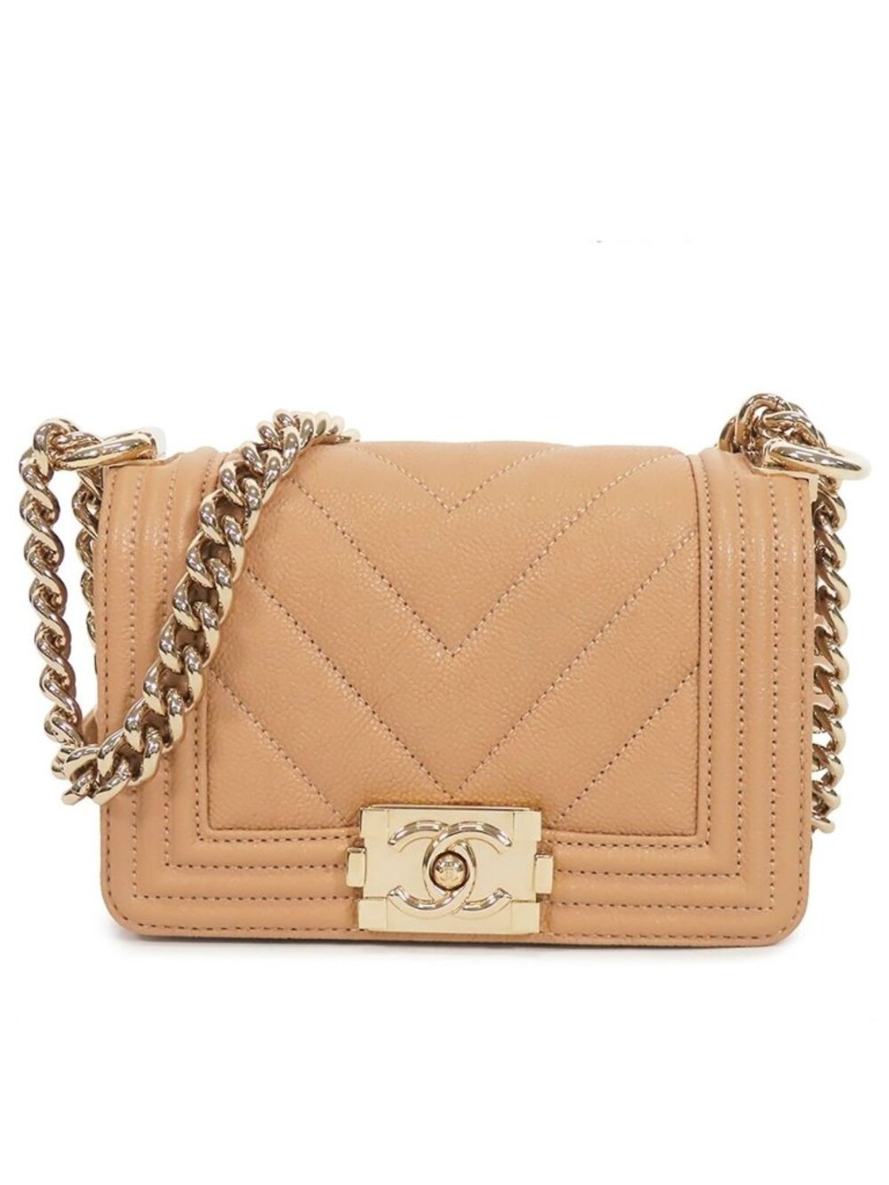 Chanel Boy Beige Gold Caviar Leather Mini Chain Stitch 15 Shoulder Bag